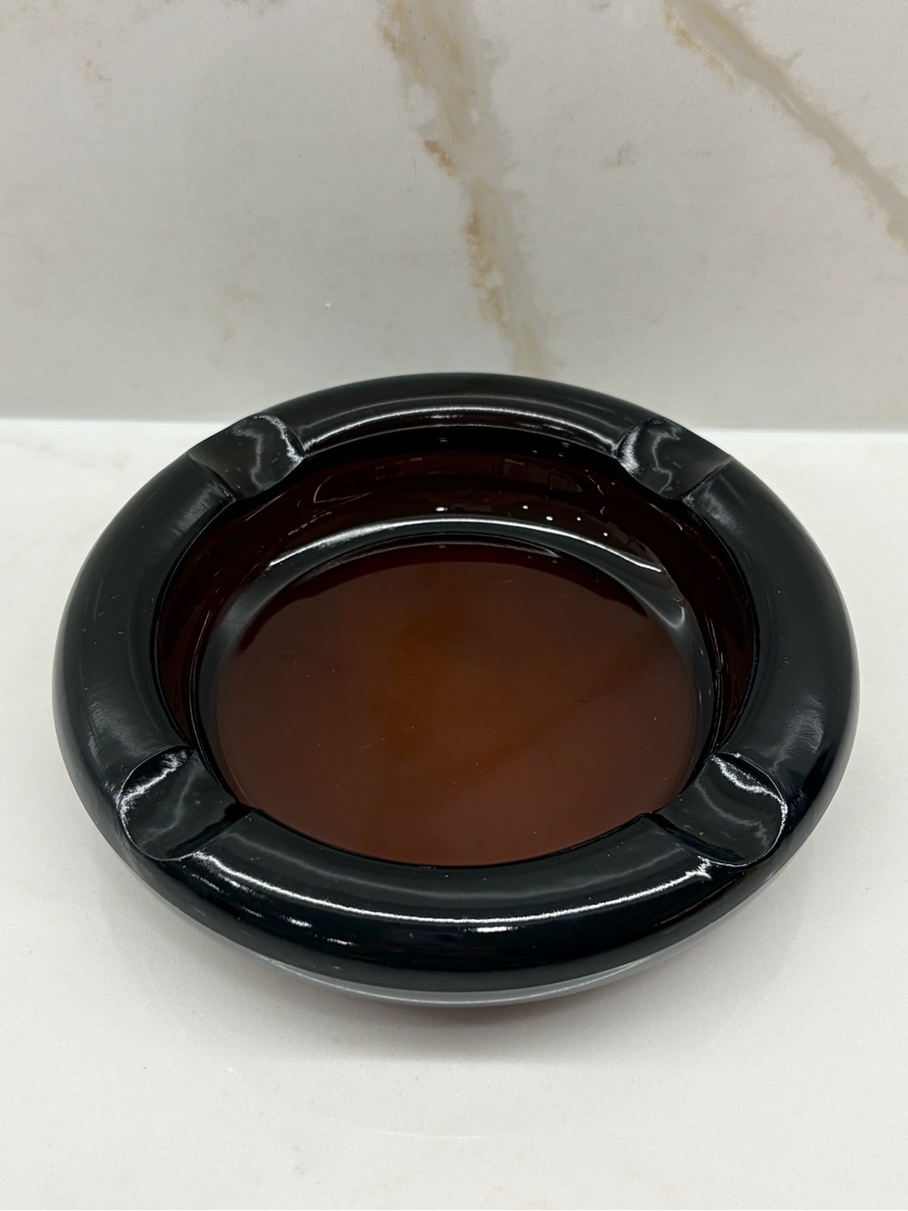 Vintage Dark Black Amber Glass Ashtray Trinket Dish MCM Collectible